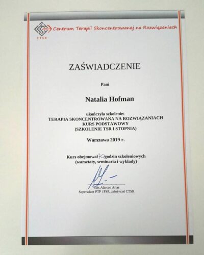 Zaświadczenie CTSR — Terapia Skoncentrowana na Rozwiązaniach, kurs podstawowy (I stopień), 2019