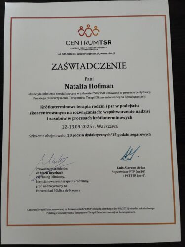 Zaświadczenie CTSR — Krótkoterminowa terapia rodzin i par w podejściu TSR, dr Mark Beyebach, 2025