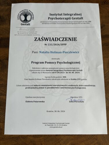 Zaświadczenie — Program Pomocy Psychologicznej, Instytut Integralnej Psychoterapii Gestalt, 2023–2024