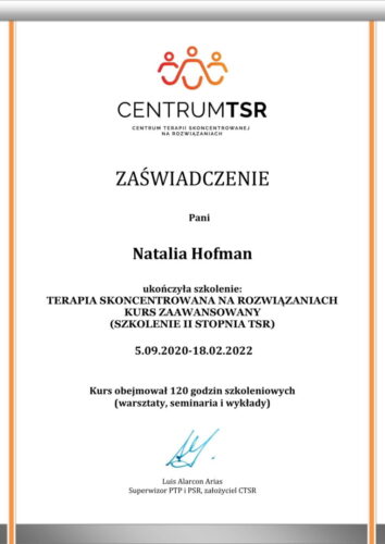 Zaświadczenie CTSR — Terapia Skoncentrowana na Rozwiązaniach, kurs zaawansowany (II stopień), 2020–2022