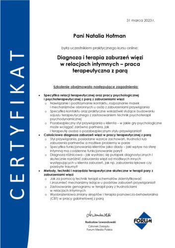 Certyfikat — Diagnoza i terapia zaburzeń więzi w relacjach intymnych, praca terapeutyczna z parą