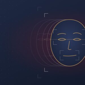 Grafika: twarz w kadrach skanowania z powtórzonymi konturami i znakiem zapytania z kropek