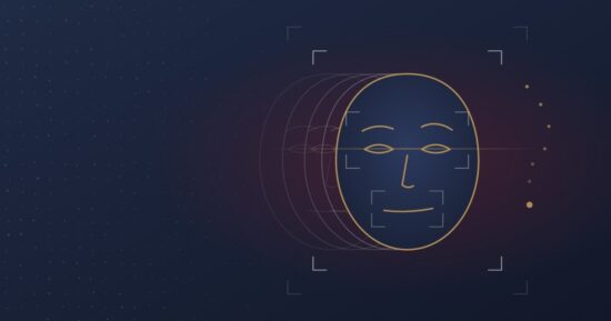 Grafika: twarz w kadrach skanowania z powtórzonymi konturami i znakiem zapytania z kropek