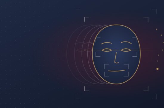 Grafika: twarz w kadrach skanowania z powtórzonymi konturami i znakiem zapytania z kropek