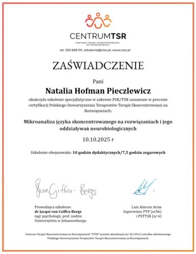 Zaświadczenie CTSR — Mikroanaliza języka skoncentrowanego na rozwiązaniach i jego oddziaływań neurobiologicznych, 2025